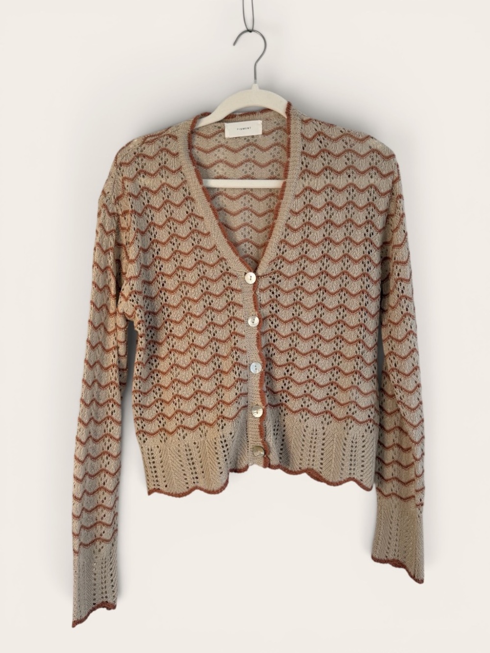 PIGMENT Korea Scallop Eyelet Cardigan – Wavy Pointelle Knit in Camel/Rust